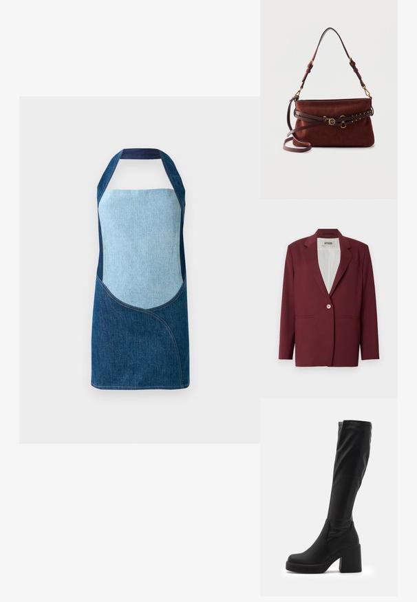 Bordeauxroter Blazer mit Reverskragen, Ein-Knopf-Verschluss und zwei Fronttaschen. Glatte Textur, maßgeschneiderte Passform, minimalistisches Design.; Denim-Schürze mit einer Mischung aus hellblauen und dunkelblauen Stoffen, mit gewölbten Paneeldesigns und Halterneck-Silhouette.; Schwarze knielange Stiefel aus glattem Synthetikmaterial mit einem dicken Blockabsatz und einem schlanken Design mit elastischem oberen Rand.; Braune Wildleder-Umhängetasche mit verstellbarem Riemen und dekorativem, mit Nieten besetztem Gürtel, der vorne ein kleines rundes goldfarbenes Emblem trägt.