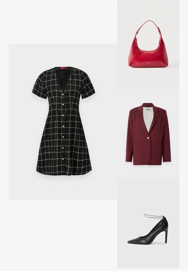 Bordeauxrød blazer med notch-lapel, enkeltknappslukning og to forlommer. Glat tekstur, skræddersyet pasform, minimalistisk design.; Sort kjole med korte ærmer, V-hals og frontknapper. Har et hvidt rutenetmønster og en udskåret nederdel. Tekstureret stof.; Sorte læder højhælede pumps med spids tå, der har en tynd sølvkæde ankelrem og en slank, glat tekstur.; Rød læder skuldertaske med guld lynlås og justerbar rem, Calvin Klein-logo centreret foran.