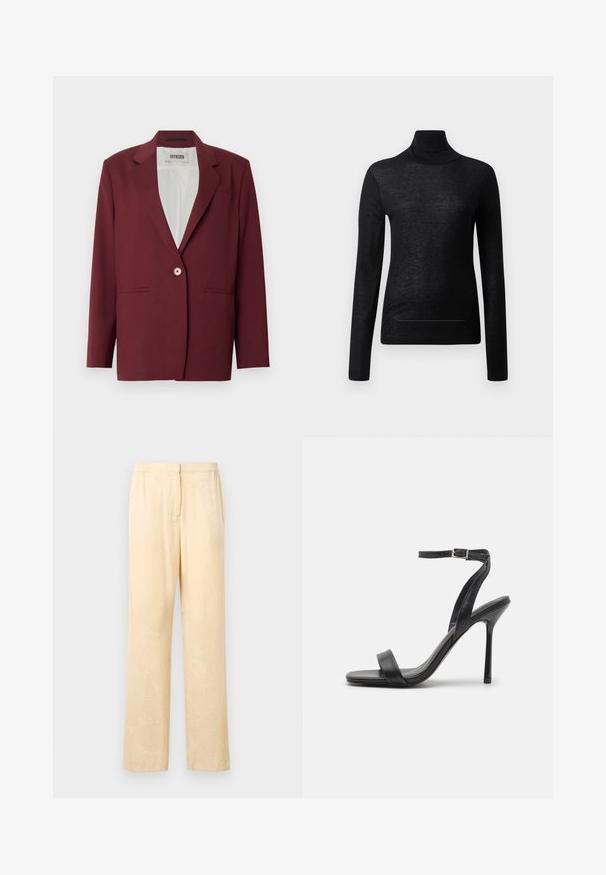 Donkerrode blazer met een notched revers, enkele knoopsluiting en twee voorzakken. Gladde textuur, getailleerde pasvorm, minimalistisch ontwerp.; Zwarte longsleeve coltrui gemaakt van lichtgewicht stof, met een aansluitend ontwerp en minimale naaddetails, geschikt voor laagjes. ; Lichtgele, loszittende broek met een subtiel bladerenpatroon. Voorzien van een elastische tailleband en een recht model. Glad textuur.; Zwarte hoge hakken sandaal met een slanke enkelband en twee voorste banden. Gemaakt van soepel leer met een slanke puntneus en een stiletteloze hak.