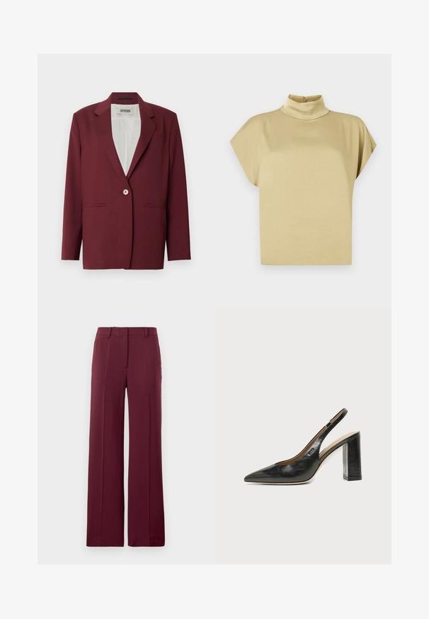 Blazer bordeaux avec un col cranté, une fermeture à bouton unique et deux poches avant. Texture lisse, coupe ajustée, design minimaliste.; Haut beige à manches courtes avec un col montant et une fermeture par bouton à l'arrière du col.; Pantalon large bordeaux en tissu lisse, avec un devant plat, des passants de ceinture et une coupe ajustée avec des plis.; Chaussure slingback en cuir noir à bout pointu avec un talon bloc haut et une doublure intérieure beige sur un fond clair uni.