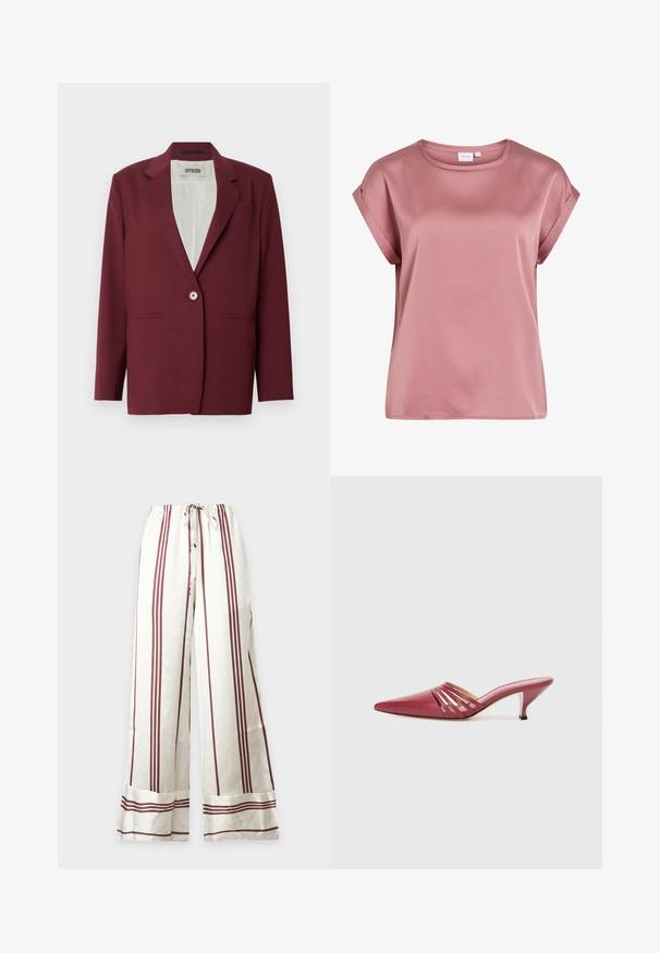 Bordeauxrød blazer med notch-lapel, enkeltknappslukning og to forlommer. Glat tekstur, skræddersyet pasform, minimalistisk design.; Blød lyserød kortærmet bluse med opsmøgede manchetter og rund halsudskæring, lavet af glat, let stof.; Hvide bukser med vide ben med lodrette og vandrette brune striber og elastisk talje med snøre.; Røde lædermules med spids tå og lav hæl, med udskårne sideaccenter og en glat tekstur. Slankt og strømlinet design.