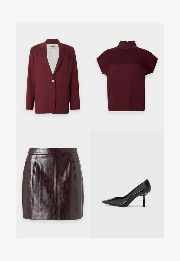 Bordeauxrød blazer med notch-lapel, enkeltknappslukning og to forlommer. Glat tekstur, skræddersyet pasform, minimalistisk design.; Bordeauxrød t-shirt med korte ærmer, høj krave og afslappet pasform, lavet af blødt stof, med lukning bagpå og glat tekstur.; Bordeaux faux-lædernederdel med et struktureret krokodillemønster, med høj lænd og to lodrette sømme for struktur.; Sorte patenterede læderpumper med høje hæle, spids tå, slankt design og slank stilettohæle, som har en glat, blank tekstur.
