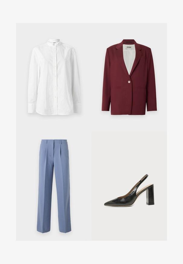 Blazer bordeaux avec un col cranté, une fermeture à bouton unique et deux poches avant. Texture lisse, coupe ajustée, design minimaliste.; Chemise blanche à manches longues avec col montant, présentant une texture lisse et une patte subtile avec des boutons circulaires.; Pantalon plissé bleu clair avec une coupe ajustée, confectionné dans un tissu lisse. Présente un design à jambe droite et une taille mi-haute.; Chaussure slingback en cuir noir à bout pointu avec un talon bloc haut et une doublure intérieure beige sur un fond clair uni.