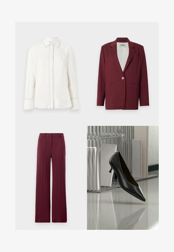 Bordeauxrød blazer med notch-lapel, enkeltknappslukning og to forlommer. Glat tekstur, skræddersyet pasform, minimalistisk design.; Hvid langærmet skjorte i glat stof med knapfront, spidse krave og kontrasterende sort syning langs knapstolpen og manchetterne.; Burgundy vide bukser lavet af glat stof, med flad front, bæltesløjfer og et skræddersyet design med foldede detaljer.; Sort læder sko med spids tå og lav hæl, der svæver over en grå plettet gulv, ved siden af en metal filopsamler med mapper.