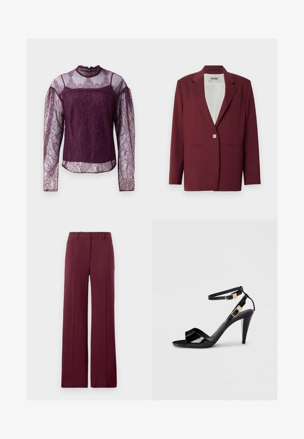 Donkerrode blazer met een notched revers, enkele knoopsluiting en twee voorzakken. Gladde textuur, getailleerde pasvorm, minimalistisch ontwerp.; Paarse kanten blouse met lange mouwen en doorzichtige gedeelten op de mouwen en bovenste borst, met een hoge hals en ingewikkelde bloemenpatronen.; Bordeaux wijde pijpen broek gemaakt van een gladde stof, met een rechte voorkant, riemlussen en een op maat gemaakte uitstraling met geplooide details.; Zwart lakleren hoge hak sandaal met dubbele enkelbandjes en gouden gespen, open teen en slanke, taps toelopende hak op een neutrale achtergrond.