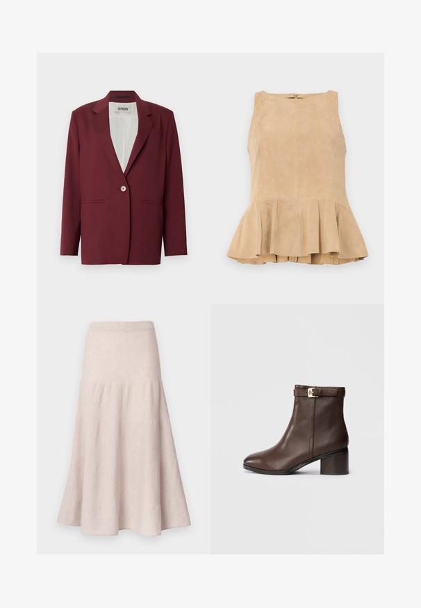 Bordeauxrød blazer med notch-lapel, enkeltknappslukning og to forlommer. Glat tekstur, skræddersyet pasform, minimalistisk design.; Beige ruskindsløs top med flæsekant, der har en lynlås i ryggen, struktureret overflade og en diskret glans.; Lysebeige skørt med vidde, lavet af blødt stof, med høj talje og et rynket design med en flydende silhuet.; Brune læder ankelstøvle med rund tå, lav blokhælsko og en dekorativ spænde rem ved anklen. Glat tekstur og slankt design.