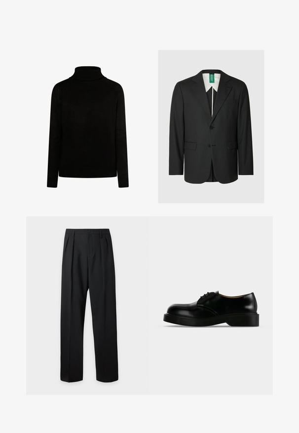 Sort blazer med skræddersyet pasform, hakkede revers, enkelt-knaps lukning, to forlommer og en hvid skjorte med krave synlig nedenunder.; Sort rullekravesweater i ribbet tekstur, med lange ærmer og en tætsiddende silhuet. Har strikdetaljer ved kraven og manchetterne.; Sorte skræddersyede bukser med høj talje, bæltestropper, frontfolder, knaplukning og lige vide ben på en lys baggrund.; Sort poleret læder snørestøvle med tyk sål, rundet tå og lav hæl, vist fra siden på en ensfarvet baggrund.
