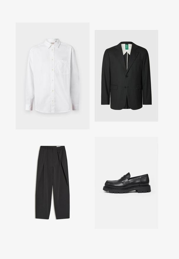 Sort blazer med skræddersyet pasform, hakkede revers, enkelt-knaps lukning, to forlommer og en hvid skjorte med krave synlig nedenunder.; Hvid langærmet skjorte med knapper, krave og brystlomme, vist på en ensfarvet lys baggrund.; Sorte sorte bukser med høj talje, skræddersyede med læg, bæltestropper og lige ben, vist fladt på en hvid baggrund.; Sort læderloafer med tyk rillede sål og penny-remdetalje, vist i højre sideprofil på hvid baggrund.