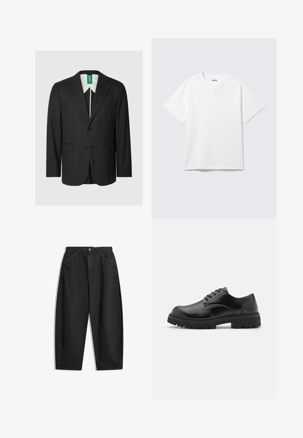 Sort blazer med skræddersyet pasform, hakkede revers, enkelt-knaps lukning, to forlommer og en hvid skjorte med krave synlig nedenunder.; Hvid kortærmet crewneck T-shirt lagt fladt ud, ensfarvet design, med "WEEKDAY" mærkat inde i kraven på en lys baggrund.; Sorte bukser med vid ben lavet af bomuld, med høj talje, forlommer og subtile syninger. Glat tekstur uden mønstre.; Sorte lædersko med rund tå, snørelukning og en tykk, struktureret gummisål. Har syninger langs kanten og en glat overflade.