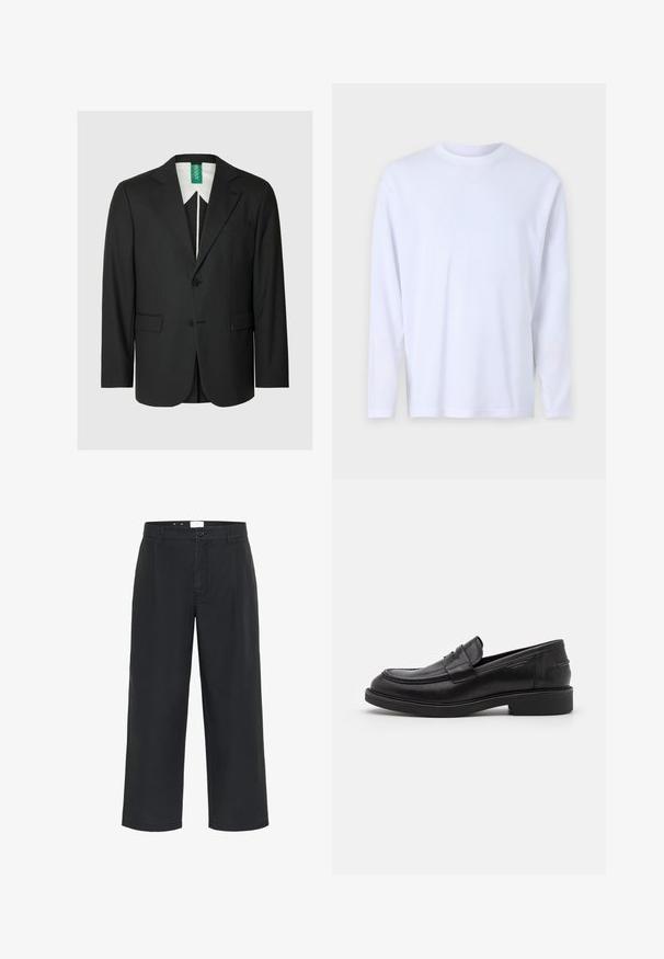 Sort blazer med skræddersyet pasform, hakkede revers, enkelt-knaps lukning, to forlommer og en hvid skjorte med krave synlig nedenunder.; Hvid langærmet t-shirt lavet af blød bomuld, med en rund halsudskæring og subtile syninger over fronten og skuldrene.; Matinique MACHINO PLEAT 73 - Bukser - black; Sorte læder loafers med en rund tå, tonale syninger og en stropdetalje foran. Gummisål med en lav hæl.