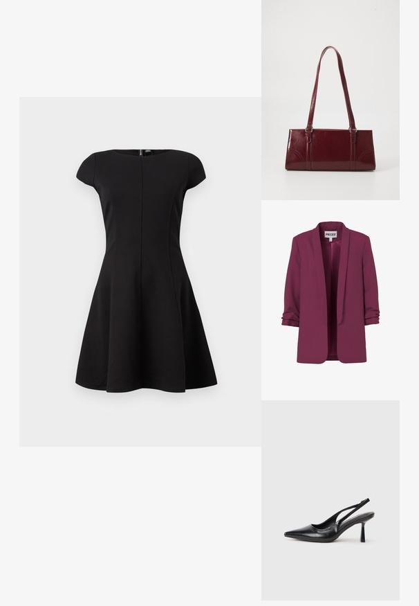 Lila Blazer mit offenem Vorderteil, gerafften langen Ärmeln und Schalkragen, innen mit dem Etikett "PIECES" am Kragen versehen.; Schwarzes Kleid mit kurzen Ärmeln und tailliertem Oberteil sowie ausgestellt Rock. Glattes Material, knielanges Design und ein verdeckter Reißverschluss im Rücken.; Schwarzer Leder Slingback High Heel Schuh mit spitzer Zehenpartie und schmalem Absatz auf einem weißen Hintergrund.; Burgunderfarbene Handtasche aus glänzendem Material, rechteckige Form, mit zwei Schulterriemen und subtilen, geschwungenen Akzenten an der Vorderseite.