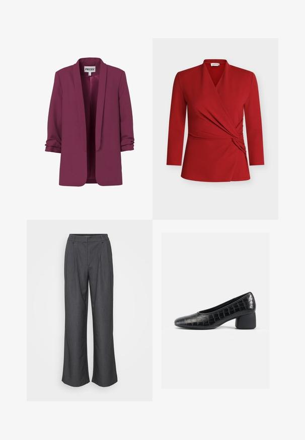 Lilla blazer med åbent front, rynkede lange ærmer og sjalskrave, mærket "PIECES" inde i kraven.; Rød, langærmet omslagstop med v-hals, rynket detalje i siden og glat tekstur. Fremstillet af let og elastisk materiale.; Bredde bukser i mørkegrå stof med en struktureret overflade, frontfolder og sidelommer med en skræddersyet talje.; Sort krokodille-embossed læderpumpe med en rund tå, lav blokhælhæl og glat tekstur. Simpelt design og minimalistisk silhuet.