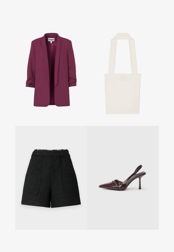 Lilla blazer med åbent front, rynkede lange ærmer og sjalskrave, mærket "PIECES" inde i kraven.; Cremefarvet tote bag med et minimalistisk design, der har brede stofremme og en rektangulær form, fremstillet af slidstærktCanvasmateriale.; Sorte shorts lavet af tekstureret stof med en frynset kant, der har to forlommer og en skræddersyet pasform.; Bourgogne laklæder slingback-hæl med spids tå, tynd ankelrem og lille dekorativ spænde. Glat tekstur og høj hæl.