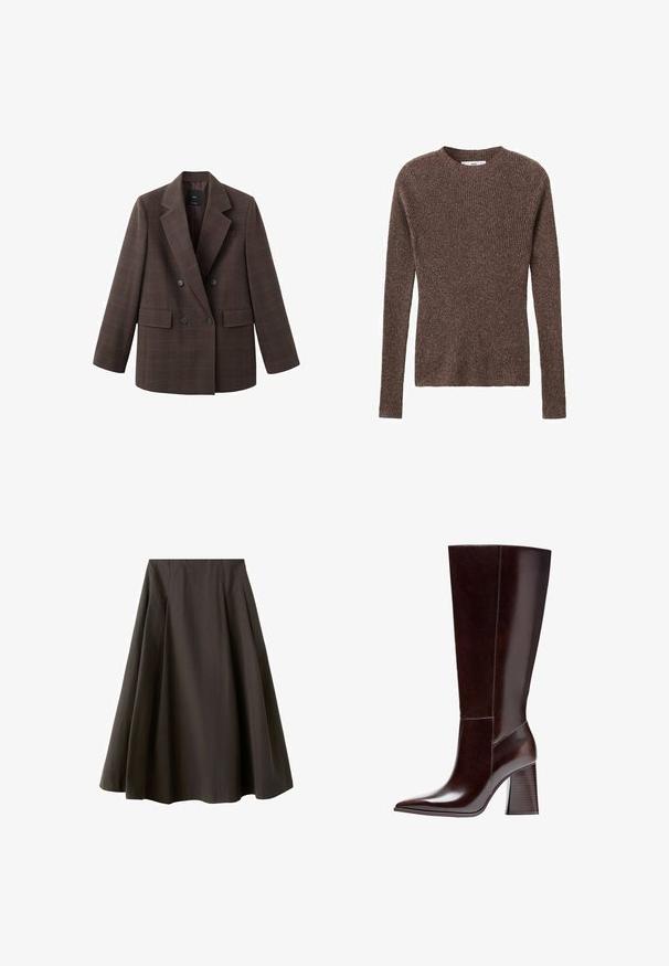 Brauner karierten zweireihiger Blazer mit gekerbtem Revers, zwei Fronttaschen und großen schwarzen Knöpfen, gefertigt aus einem strukturierten Stoff.; Brauner gerippter Strickpullover mit rundem Halsausschnitt und langen Ärmeln, der eine strukturierte Oberfläche und eine figurnahe Silhouette aufweist.; Schwarzer A-Linien-Rock mit hoher Taille und ausgestelltem Saum, aus glattem Stoff, vor weißem Hintergrund gezeigt.; Braune Leder-Knöchelstiefel mit spitzem Zehenbereich und strukturiertem Blockabsatz. Verfügt über eine klare Linienführung und minimale Nähdetails.