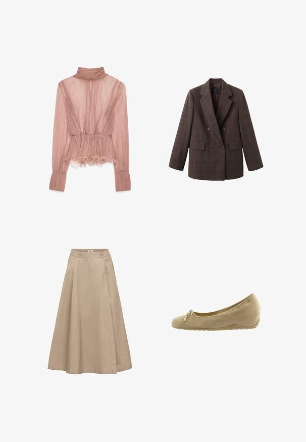 Brun ternet dobbeltradet blazer med hakkraver, to forlommer og store sorte knapper, med et tekstureret stof.; Lyserød plisseret bluse med høj krave, flæset kant og lange ærmer, der har tekstureret stof og en tætsiddende talje.; Beige A-formet nederdel med høj talje, enkelt knapdetalje på linningen og blød stoftekstur.; Beige ruskind balletflad med rundet tå, lille sløjfe med guldtips foran og lav, tekstureret gummisål for greb.