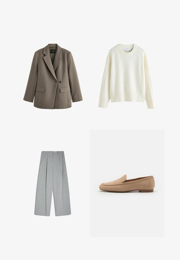 Grå skræddersyet blazer med krave, to-knap lukning, to forlommer og glat, tekstureret stof.; Next CREW NECK - Striktrøje - ecru; Grå plisserede bukser lavet af tekstureret stof, med sidelommer, bredt ben og en ren, skræddersyet silhuet.; Beige ruskindsloafers med rund tå, minimal syning og en lavprofil gummimensole for komfort og stabilitet.