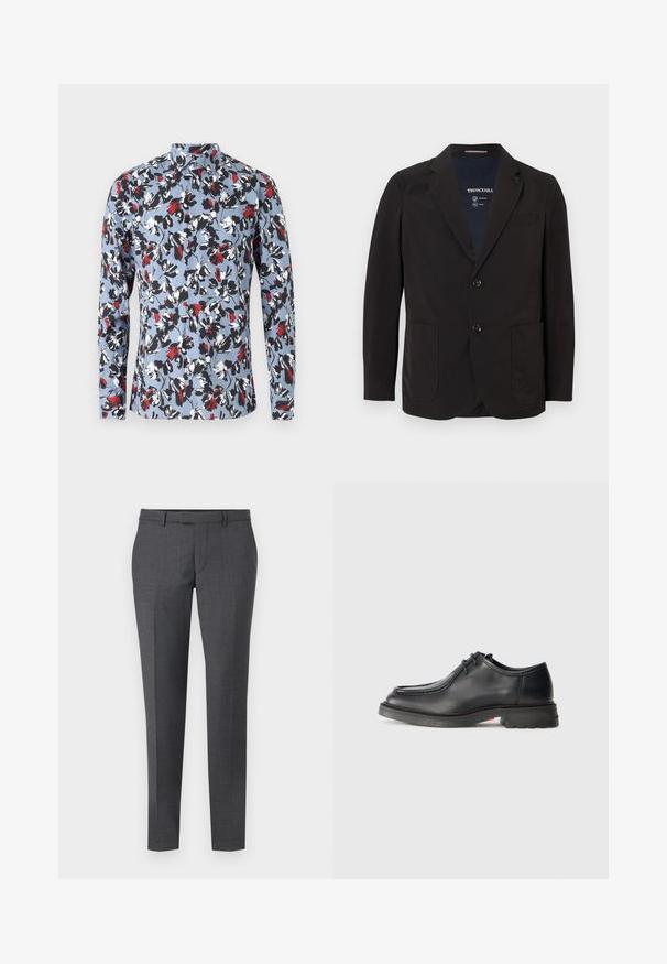 Veste noire compressible en tissu lisse et léger. Elle possède un col à revers, deux poches avant et deux boutons. L'intérieur affiche la marque.; Chemise à manches longues à boutons, de couleur bleu clair avec un motif floral en rouge, noir et blanc. Dispose d'un col et d'une fermeture à boutons à l'avant.; Pantalons ajustés gris avec une texture lisse, coupe droite, devant plat et passants de ceinture. Présente un motif à carreaux subtil et un pli sur le devant.; Chaussure en cuir noir avec une texture lisse, bout arrondi et couture embossée peu profonde. Semelle en caoutchouc épaisse avec un léger talon et un motif antidérapant.
