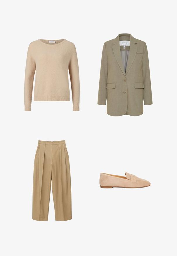 Blazer beige con un acabado texturizado, diseño de un solo botón, dos bolsillos frontales y solapas con muesca. Presenta dos botones redondos y un forro suave.; Suéter de punto beige con escote redondo, mangas largas y dobladillo acanalado. Textura suave y corte informal. Etiqueta visible en el escote.; Pantalones de talle alto de pierna ancha en color beige, con pinzas delanteras, bolsillos laterales y cintura ajustada con trabillas para cinturón.; Mocasines de ante beige con tacón plano, punta redonda y una tira decorativa con un detalle dorado. Textura suave y diseño sencillo.