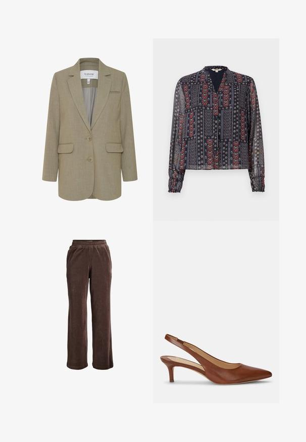 Beige Blazer mit strukturiertem Finish, einreihigem Design, zwei Vorderaschen und Reverskragen. Verfügt über zwei runde Knöpfe und ein glattes Innenfutter.; Durchsichtige marineblaue Bluse mit langen Ärmeln, Knopfleiste vorne und einem Muster aus roten, weißen und blauen Blumen und Blättern.; Braune Velours-Hose mit weitem Bein, elastischem Bund und Seitentaschen, entworfen für den Freizeitgebrauch.; Brauner Leder-Damenslingback mit spitzer Schuhspitze und niedrigem Kittenabsatz auf weißem Hintergrund.