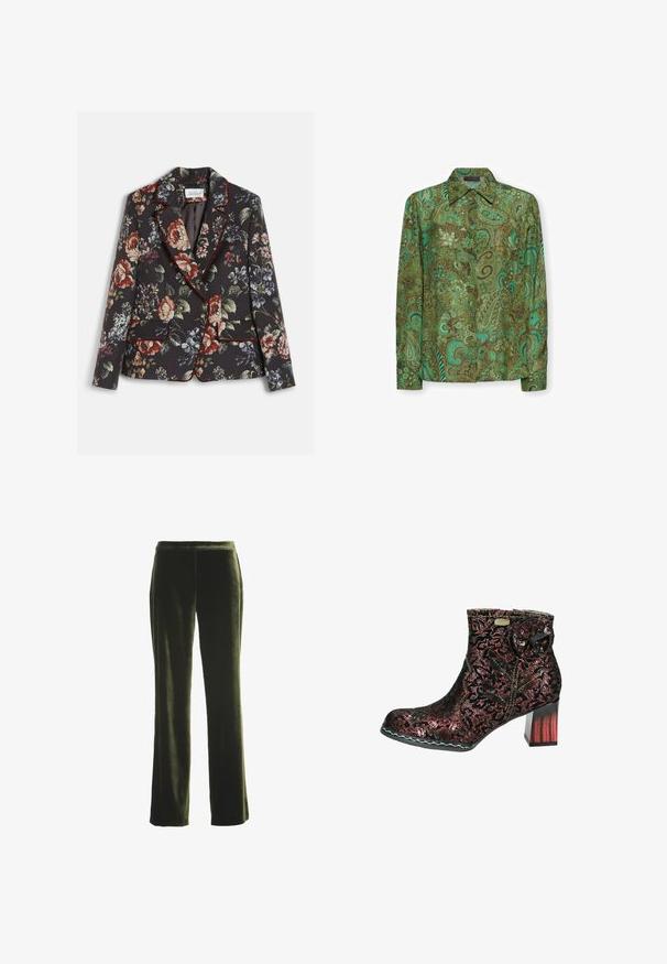 Blazer negro entallado para mujer con estampado floral grande multicolor, ribetes rojos a lo largo de los bordes y dos bolsillos delanteros con solapa y botones dorados.; Camisa de manga larga con botones, con estampado floral paisley en verde y azul verdoso y cuello puntiagudo sobre fondo blanco.; Pantalones de terciopelo verde oscuro de pierna recta con cintura elástica, presentados planos sobre un fondo blanco.; Botín de encaje negro con patrón floral rojo. Punta redonda y tacón grueso. Detalle decorativo de flor de tela y costuras en contraste.