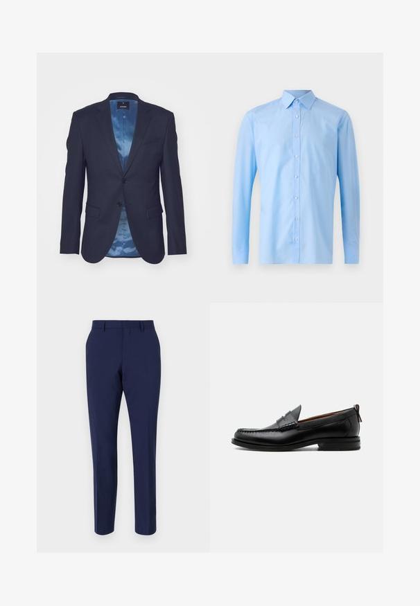 Donker marineblauwe blazer van textuurstof, met slanke knoopsluiting, twee voorzakken en een contrasterende lichtblauwe satijnen voering.; Lichtblauw langschedige overhemd van katoen. Heeft een klassieke kraag en een knoopsluiting aan de voorkant. Gladde textuur met een getailleerde pasvorm.; Navyblauwe op maat gemaakte broeken van gladde stof, met een slanke pasvorm, een platte voorkant en een standaard tailleband met riemlussen.; Zwarte leren herensloffen met moc toe stiksel, pennyriem, gestructureerde kraag en lage gestapelde hak op witte achtergrond.