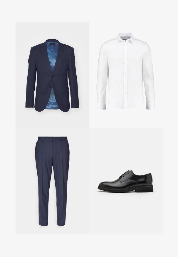 Dunkelblazer aus strukturiertem Stoff, mit einem Ein-Knopf-Verschluss, zwei Fronttaschen und einer kontrastierenden hellblauen Satinfütterung.; Weißes langärmliges Hemd mit Knöpfen aus glattem Baumwollstoff. Verfügt über einen klassischen Kragen und eine durchgehende Knopfleiste mit geradem Saum.; Marinefarbene Anzughose mit geradem Schnitt, aus strukturiertem Stoff, mit Vorderfalten, Gürtelschlaufen und seitlichen Taschen.; Schwarze Lederhalbschuhe mit runder Zehenform, fünf Ösen für Schnürsenkel, glatter Oberfläche und einer flachen Gummisohle.