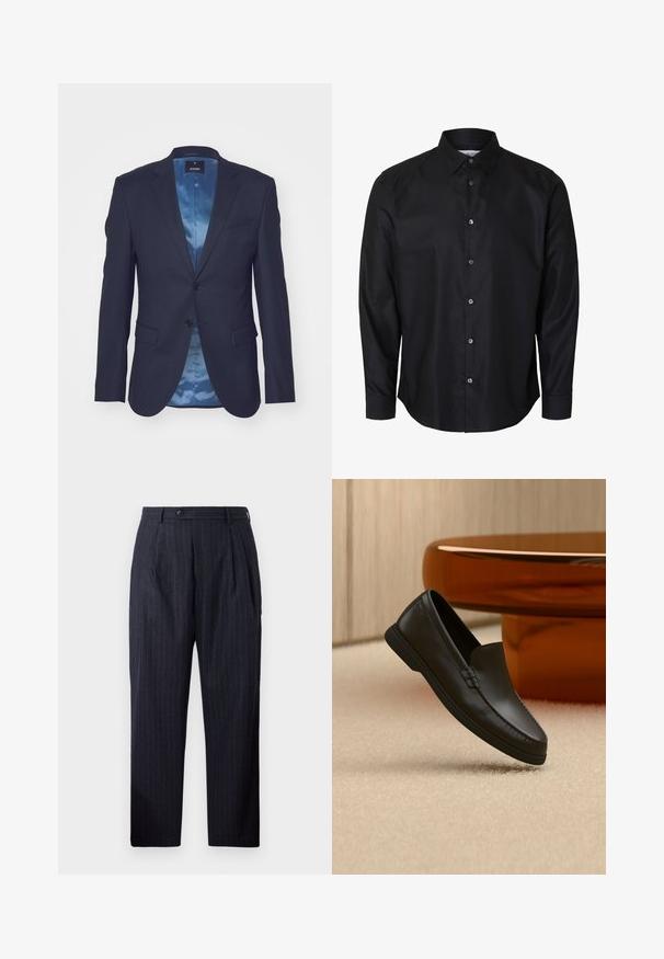 Mørkeblå blazer med tekstureret stof, enkel knaplukning, to forlommer og en kontrasterende lyseblå satinforing.; Sort herre skjorte med lange ærmer, klassisk krave og syv knapper foran, vist på hvid baggrund.; Marine-stribede bukser lavet af et tekstureret stof, med knaplukning, to for-pleats og lige ben-design.; Sort læder slip-on loafer vist på beige tæppe ved siden af et buet borde af ravfarvet glas i et rum med neutrale toner.