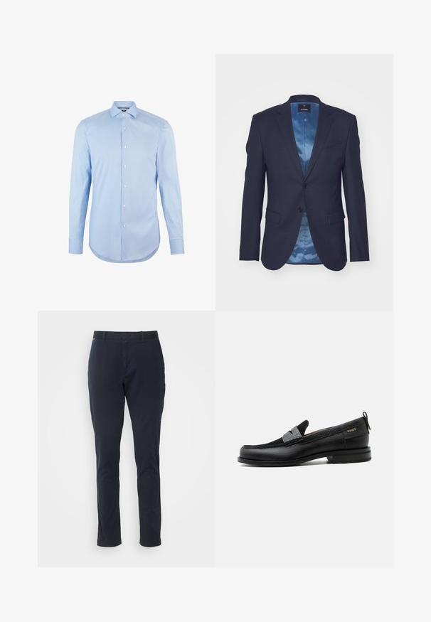 Donker marineblauwe blazer van textuurstof, met slanke knoopsluiting, twee voorzakken en een contrasterende lichtblauwe satijnen voering.; Lichtblauwe long sleeve shirt gemaakt van katoen met een puntige kraag, voor knopen en een afgeronde onderkant. Glad textuur zonder patronen.; Marineblauwe chino's van katoen, met een recht gesneden broekspijp, een platte voorkant en zijzakken. Geen zichtbare patronen of versieringen.; Zwarte leren loafer met grijs riemdetailelement, lage hak en gestructureerde zool, aan de zijkant gebrandmerkt met "HUGO" in goud.