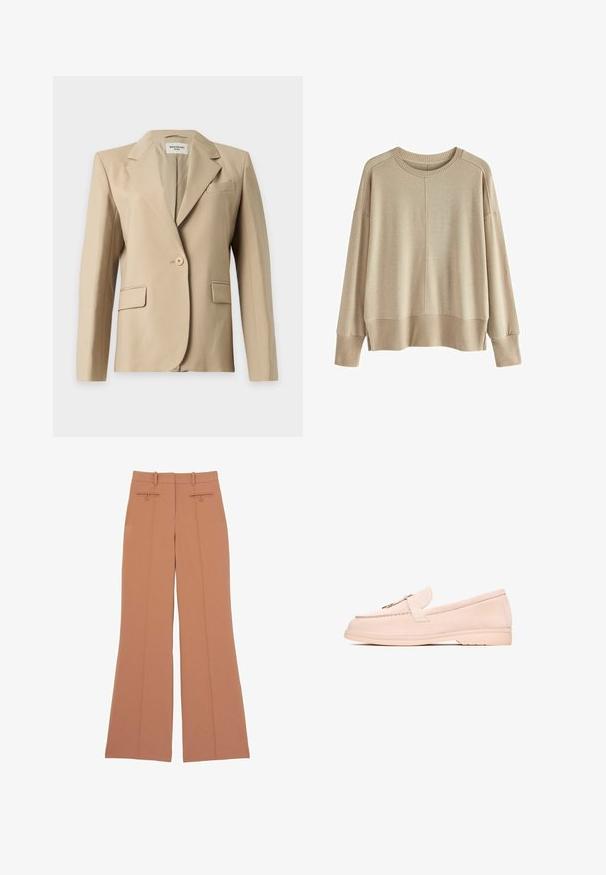 Beige enkeltknappet damesblazer med revers, to forlommer med klap og en brystlomme, vist på en ensfarvet baggrund.; Beige strikket sweater med en afslappet pasform, ribbede manchetter og kant, rund halsudskæring og dropped shoulders. Blød tekstur med minimale sømme.; Vidde bukser i lysebrun stof, med to forlommer, diskrete sømdetaljer og en glat overflade.; Beige ruskinds loafers med en rund tå, der har et lille dekorativt bånd og en flad gummisål. Glat overflade med minimal syning.