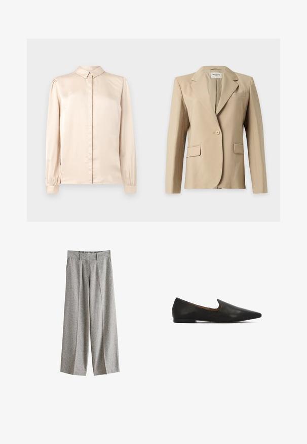 Blazer beige para mujer con un solo botón, solapas, dos bolsillos delanteros con solapa y un bolsillo de ojal en el pecho, presentado sobre un fondo liso.; Camisa de satén beige de manga larga con cuello abotonado, pliegue frontal y mangas abullonadas recogidas en los puños. Textura suave y brillante.; Pantalones grises de lana de pierna ancha con trabillas para cinturón, pliegues delanteros y bolsillos laterales, presentados sobre un fondo blanco.; Zapatos planos de cuero negro con punta alargada, tacón bajo texturizado y una elegante abertura alrededor del empeine para facilitar su uso como calzado de poner y quitar.