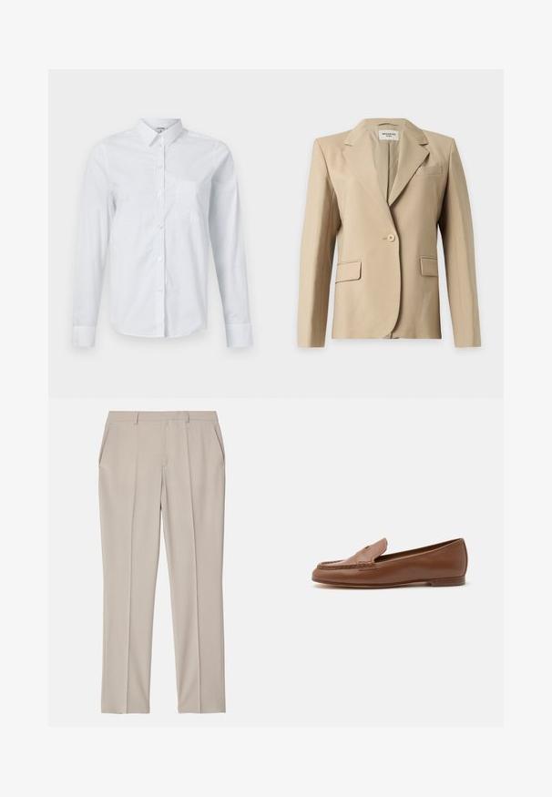 Beige enkeltknappet damesblazer med revers, to forlommer med klap og en brystlomme, vist på en ensfarvet baggrund.; Hvid langærmet skjorte lavet af bomuld, med krave, knaplukning foran og en enkelt brystlomme. Glat tekstur. Ingen mønstre.; Filippa K EMMA TROUSERS - Bukser - desert tau; Klassisk brun læderloafer med lav hæl og syninger på mokkatoen, vist i sideprofil på en hvid baggrund.