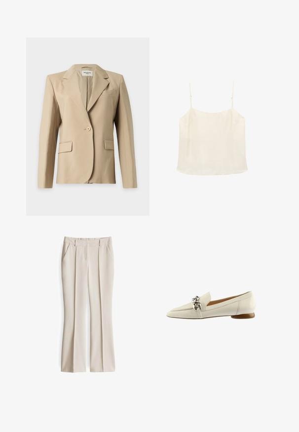 Beige damesblazer met één knoop, revers, twee voorzakken met klep en één borstzakje, weergegeven op een effen achtergrond.; Crèmekleurig mouwloos camisettopje met dunne verstelbare bandjes en een rechte halslijn op een witte achtergrond.; Beige op maat gemaakte broek met twee voorzakken, vlakke voorkant en rechte pijpen. Gladde stof met een lichte glans en plooi-details.; Crème lakleren loafer met puntige neus, zilveren horsebit-detail, lage houten hak en gestikte naad langs de wreef.