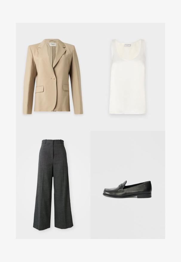 Beige enkeltknappet damesblazer med revers, to forlommer med klap og en brystlomme, vist på en ensfarvet baggrund.; Hvid satin ærmeløs tanktop med rund halsudskæring og glat tekstur, med en subtil glans og rene kanter.; Gråternet vidde bukser med høj talje, der har forkantfoldninger, vertikal struktur og uden synligt hardware eller detaljer.; Sorte læder loafers med en rund tå, forhøjede syningsdetaljer og en lav, stablet hæl. Glat tekstur med en subtil glans.