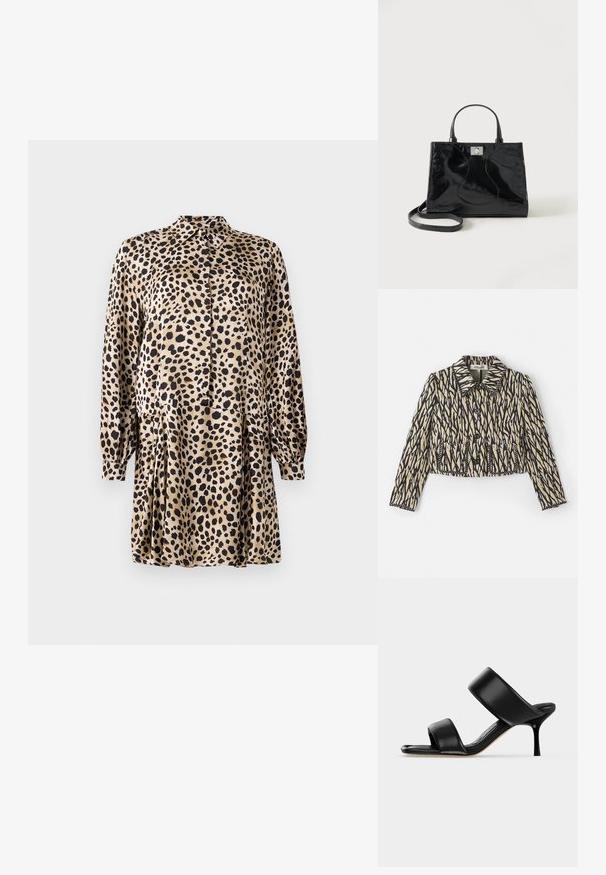 Geknipte jas in crème met zwart abstract patroon. Beschikt over een kraag, knoopsluiting en twee voorzakken met decoratieve stiksels.; Leopardprint jurk van gladde stof, met een knoopsluiting aan de voorkant, lange mouwen en een geplooide rok met een klassieke kraag.; Zwarte leren mule sandaal met twee brede banden en een slanke, middelhoog stilettohak op een effen lichte achtergrond.; Zwarte handtas van lakleer met afgeronde handgrepen, een afneembare schouderriem en zilveren sluiting op een effen witte achtergrond.