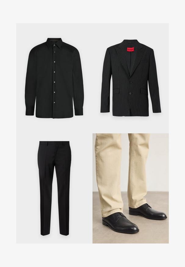 Sort blazer med nålestriber, med en notch lapel, to knapper og sidelommer. Har et rødt "HUGO"-mærke på den indre krave. Glat tekstur.; Sort skjorte med lange ærmer, knapper foran, spids krave og knapmanchetter, vist mod en ensformet lys baggrund.; Sorte skræddersyede bukser lavet af glat stof, med lige ben, raffinerede folder og en klassisk talje med bæltestropper.; Sorte læder snørebåndssko med rund tå, glat finish og diskrete syninger, båret med lyse beige bukser.