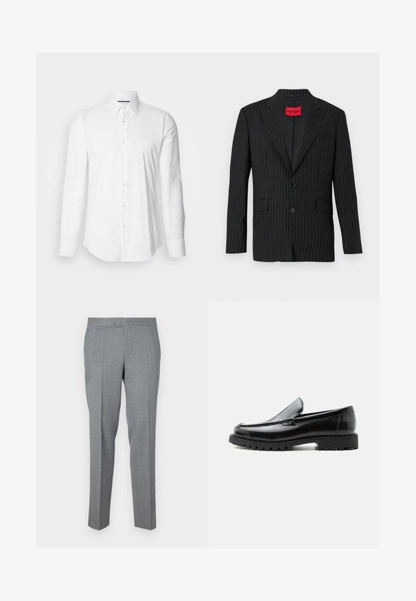 Blazer negro a rayas con solapa de muesca, dos botones y bolsillos laterales. Cuenta con una etiqueta roja "HUGO" en el interior del cuello. Textura suave.; Camisa blanca de manga larga hecha de tejido suave, con un cuello clásico y diseño de botones en la parte delantera, con un dobladillo curved. Los botones tienen un acabado ligeramente brillante.; Pantalones grises a medida hechos de una tela texturizada, con un diseño de frente plano, trabillas para cinturón y dos bolsillos laterales. Diseño de pierna recta.; Mocasín de cuero negro con suela de goma gruesa, empeine cosido y nombre de la marca en relieve en el talón, mostrado en perfil lateral sobre fondo blanco.