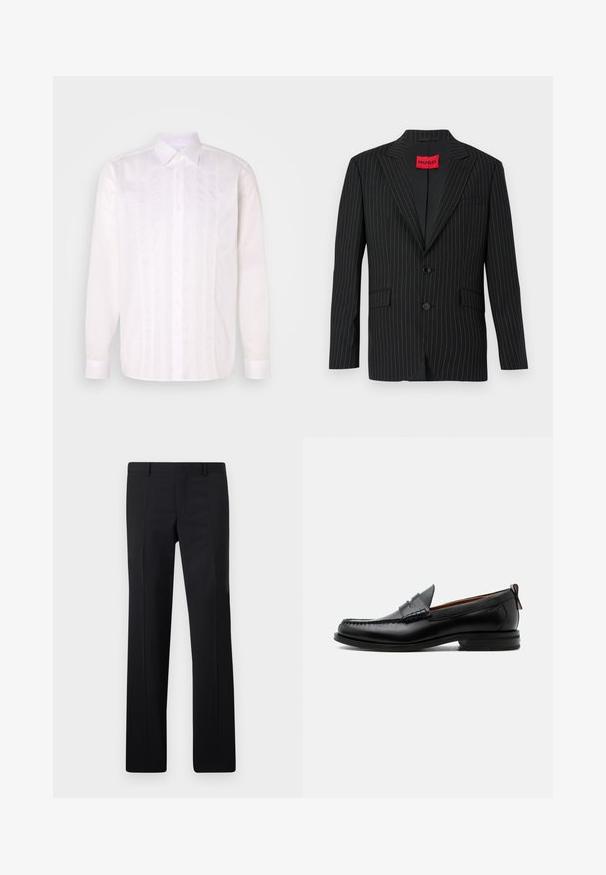Sort blazer med nålestriber, med en notch lapel, to knapper og sidelommer. Har et rødt "HUGO"-mærke på den indre krave. Glat tekstur.; Hvid langærmet skjorte med klassisk krave, der har lodrette pintuck-detaljer og knaplukning foran.; Sorte skræddersyede bukser med et lige ben design, skarpe folder og en glat overflade. Fremstillet af letvægtsstof med en ren talje.; Sort læder herre loafer med moc-tå syning, penny strop, struktureret krave og lav stablet hæl på hvid baggrund.