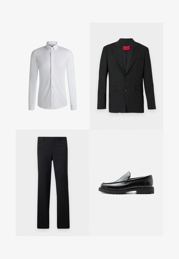 Sort blazer med nålestriber, med en notch lapel, to knapper og sidelommer. Har et rødt "HUGO"-mærke på den indre krave. Glat tekstur.; Langærmet hvid skjorte lavet af glat stof, med en krave med knapper og en række knapper foran. Enkelt design.; Sorte skræddersyede bukser med et lige ben design, skarpe folder og en glat overflade. Fremstillet af letvægtsstof med en ren talje.; Sort læderloafer med chunky gummisål, syet overdel og præget mærkenavn på hælen, vist i sideprofil på hvid baggrund.