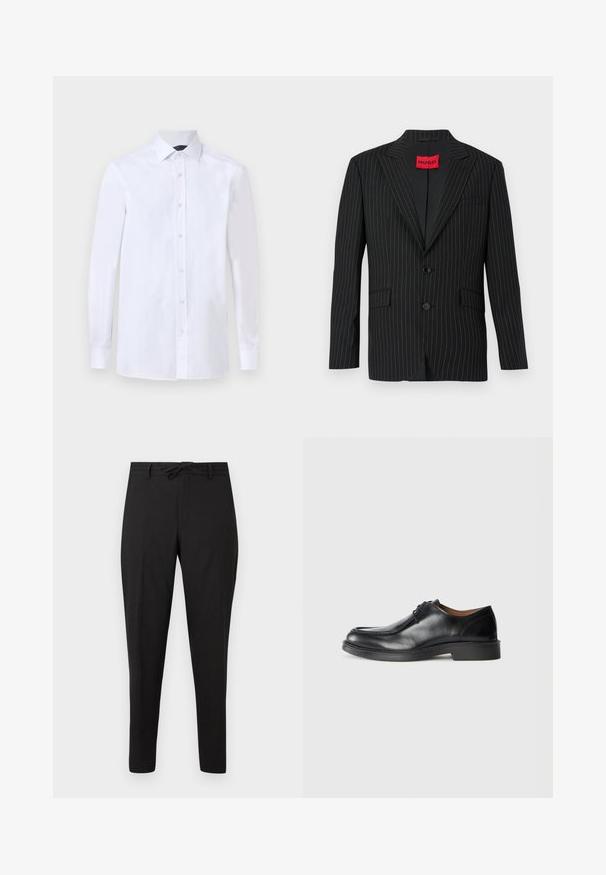 Veste noire à rayures avec un col en notch, deux boutons et poches latérales. Présente une étiquette rouge "HUGO" sur le col intérieur. Texture lisse.; Chemise blanche à manches longues pour homme avec boutonnières devant et col pointu, présentée sur un fond uni.; Pantalon noir à jambes droites avec taille à cordon de serrage et passants pour ceinture, présenté sur un fond blanc uni.; Chaussure de ville en cuir noir avec un bout arrondi, surface lisse, détails en dentelle et une semelle en caoutchouc texturée basse. Lignes épurées et design minimal.