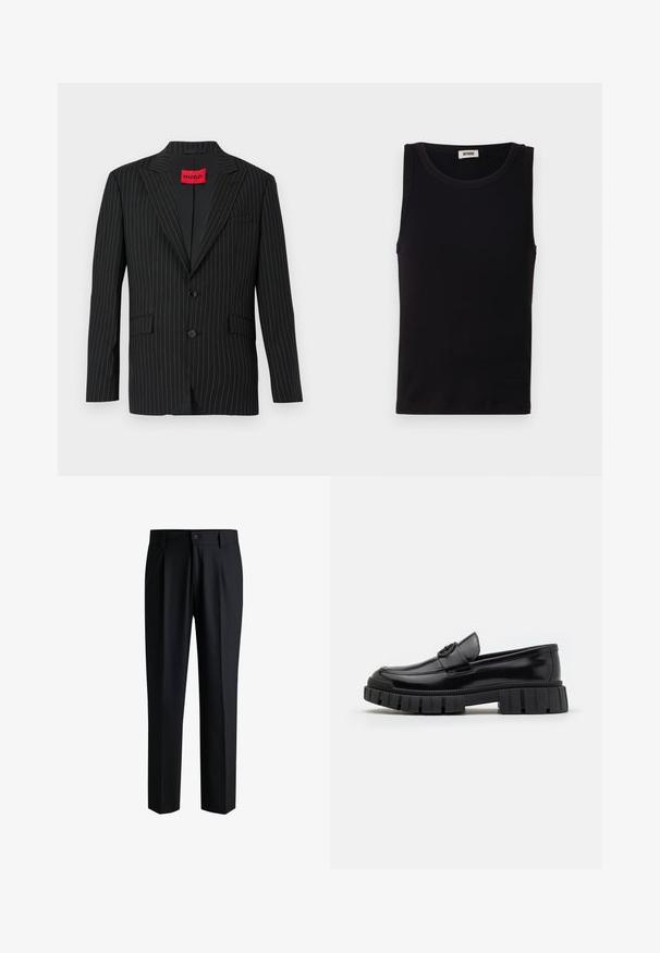 Blazer negro a rayas con solapa de muesca, dos botones y bolsillos laterales. Cuenta con una etiqueta roja "HUGO" en el interior del cuello. Textura suave.; Top sin mangas negro hecho de algodón suave. Cuenta con un escote redondeado y un corte recto, con detalles de costura mínimos.; Pantalones negros de tela suave, con un diseño de pierna recta, pliegues en la parte delantera y cierre de botón con trabillas para cinturón.; Mocasines de cuero negro con suelas de goma gruesas y estriadas. Presentan una puntera redondeada y una correa decorativa con un acento de logo. Textura lisa.