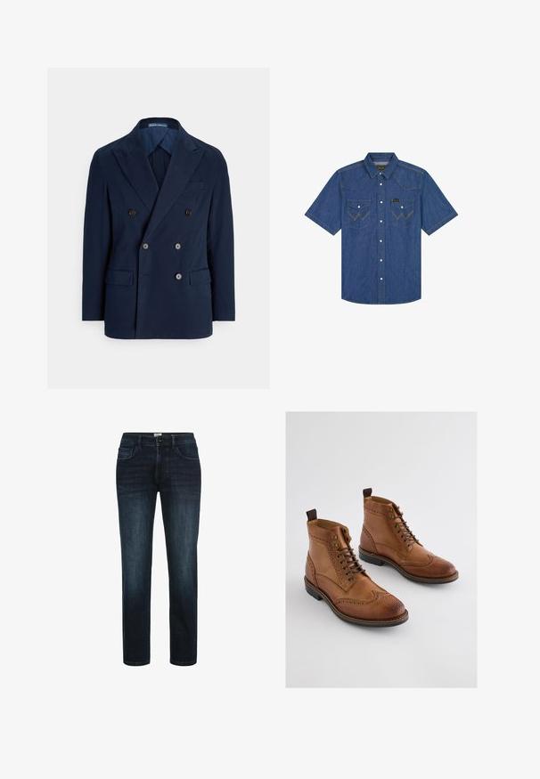 Mørkeblå dobbeltspænder blazere af glat stof med spidse revers, to forlommer og brune knapper til lukning.; Kortærmet denimskjorte med knapper og to forlommer med knaplukning samt gule kontrastsyninger.; Mørk vaskede denimjeans med lige ben, der har fem lommer, knaplukning og subtil fading langs lårene.; Brune læderankelstøvler med brogue-detaljer, udstyret med snørelukning, metalkøjer og en kontrasterende sort gummisål.
