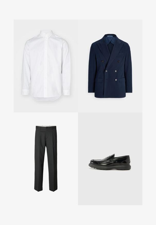 Blazer croisé bleu marine en tissu lisse, avec des revers à pointe, deux poches avant et des boutons marron pour la fermeture.; Chemise blanche à manches longues en coton. Elle présente un col boutonné, un plastron avant avec des boutons et un ourlet arrondi. Texturé lisse.; Pantalon gris foncé ajusté avec une coupe à jambe droite, présentant un devant plat, de légers plis et une fermeture par bouton à la taille.; Mocassin en cuir noir avec une finition brillante, bout arrondi, détails de couture subtils et semelle en caoutchouc épaisse pour la durabilité.