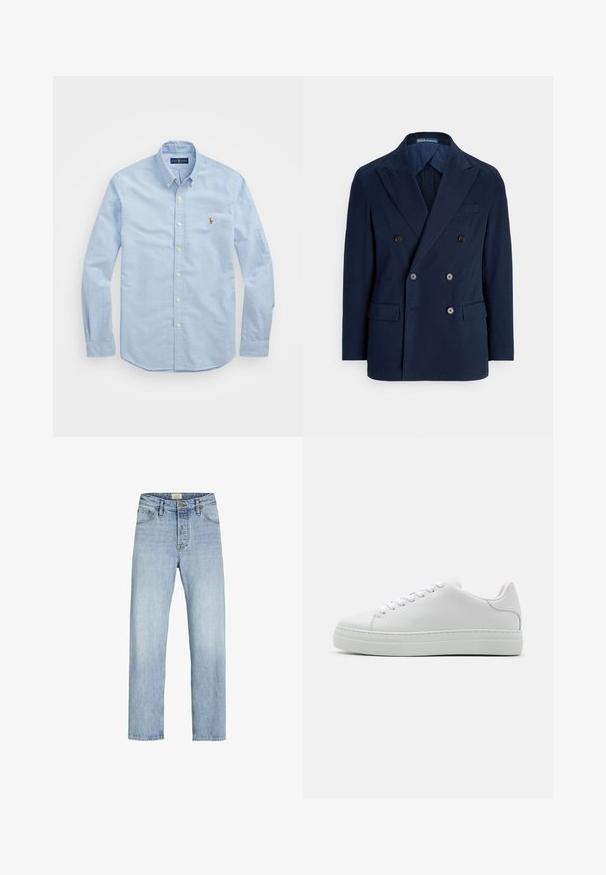 Marineblauwe double-breasted blazer van gladde stof, voorzien van gespreide revers, twee voorzakken en bruine knopen als sluiting.; Lichtblauwe overhemd met lange mouwen, gemaakt van katoen, met een klassieke kraag en een klein rood geborduurd logo op de borst.; Lichtblauwe denim jeans met een rechte snit, vijf-pocket ontwerp, knoop- en ritsluiting, en subtiele vervaging op de stof.; Witte leren sneaker met een chunky platformzool, ronde neus en zes veterogen. Gladde textuur met subtiele stiksels.