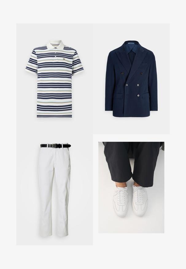 Mørkeblå dobbeltspænder blazere af glat stof med spidse revers, to forlommer og brune knapper til lukning.; Marineblå, lyseblå og beige stribet polo skjorte. Fremstillet i bomuldsstof med klassisk krave og tre-knaps placket. Lille logo på brystet.; Hvide bomuldsbukser med et lige ben-design. Har et sort læderbælte og markante forlommer foran til funktionalitet. Glat tekstur.; Hvide lædersneakers med en glat overflade, rund tå og klassisk snøresystem, placeret over mørke, løse bukser.