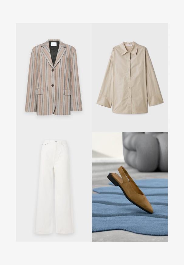 Blazer rayé en teintes beige et bleu, avec un col cranté, deux poches avant et une fermeture à deux boutons. Tissu texturé avec une doublure lisse.; Chemise beige à manches longues avec un grand col pointu, fermeture à boutons, et larges poignets. Fabriquée dans un tissu lisse et léger.; Jeans large à taille haute blancs en denim. Comprend des poches avant, une fermeture à bouton et des détails d'ourlet effiloché.; Chaussure plate à bride arrière en daim couleur fauve avec un bout pointu reposant sur un tapis bleu texturé, avec une sculpture en pierre grise floue en arrière-plan.