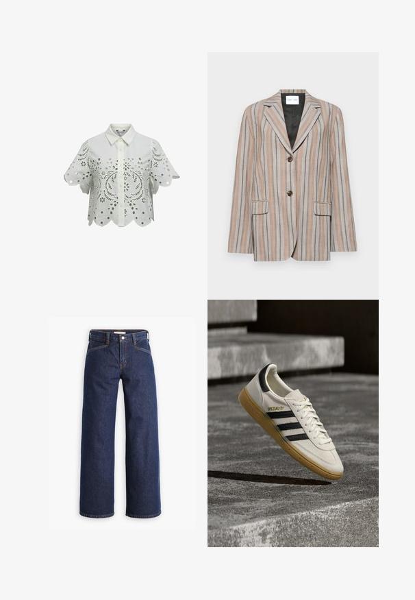 Blazer rayé en teintes beige et bleu, avec un col cranté, deux poches avant et une fermeture à deux boutons. Tissu texturé avec une doublure lisse.; Blouse blanche à manches courtes, boutonnée, ornée de motifs floraux ajourés et de bords festonnés aux manches et à l’ourlet.; Jeans en denim bleu marine avec taille haute, coupe large et broderies orange discrètes. Comprend une fermeture par bouton et zip à l'avant.; Baskets Adidas Spezial blanches avec des rayures noires et une semelle en gomme flottant au-dessus de marches en pierre grises à l'extérieur.