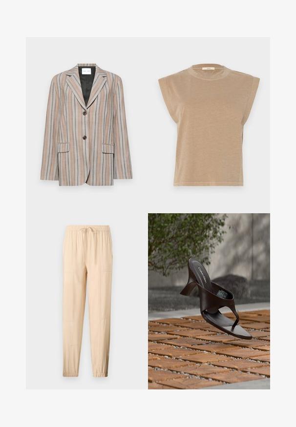Gestreepte blazer in beige en blauwe tinten, met een gelapt revers, twee voorzakken en een twee knopen sluiting. Textuurstof met een gladde voering.; Beige top met korte mouwen in een ontspannen pasvorm, met iets verlaagde schouders en een ronde halslijn. Gemaakt van zachte stof met een gladde textuur.; Beige, lichtgewicht broek met een elastische tailleband, verstelbare trekkoord, smal gesneden pasvorm en zijzakken; gladde textuur en minimale naden.; Bruine Calvin Klein teenslipper met hak, hangend boven houten tegels en grind op een buitenvloer met een vage achtergrond van groen en stenen.