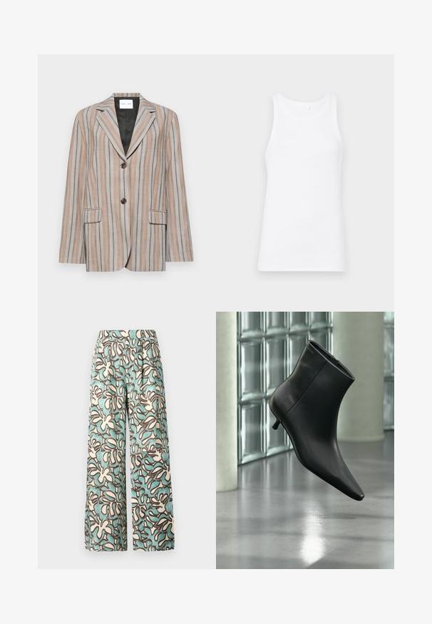Blazer a rayas en tonos beige y azul, con solapa de muesca, dos bolsillos frontales y cierre de dos botones. Tejido texturizado con forro suave.; Top sin mangas de algodón blanco con un escote redondo y tirantes anchos. La tela es suave y ajustada, sin patrones ni adornos visibles.; Pantalones de pierna ancha fabricados en un tejido ligero con un fondo crema y patrones abstractos en verde azulado y marrón. Cintura plana sin herrajes visibles.; Botín negro de cuero con punta puntiaguda y tacón bajo estilo kitten, mostrado en ángulo sobre un suelo pulido y con una pared de bloques de vidrio de fondo.