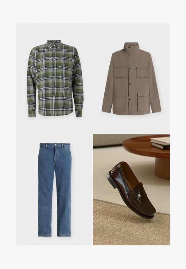 Veste marron avec col montant, fermeture à boutons sur le devant et quatre grandes poches à rabat, présentée sur un fond clair uni.; Chemise à carreaux verts en tissu doux, dotée de manches longues, d'un col boutonné et d'une poche poitrine avec un petit logo.; Jean droit en denim bleu avec passants pour ceinture, bouton devant et fermeture éclair, présenté sur un fond clair uni.; Mocassins en cuir marron au fini brillant, avec un détail cousu sur le devant et une semelle en caoutchouc noir à profil bas.
