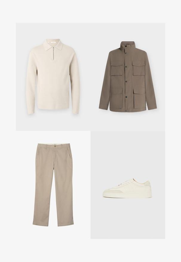 Brun jakke med stående krave, frontknaplukning og fire store klaplommer, vist på en ensartet lys baggrund.; Beige langærmet sweater med krave og en kort lynlås foran, vist på hvid baggrund.; Beige bukser med lige ben, forlommer, knaplukning og bæltestropper, lagt fladt på en hvid baggrund.; Hvide ruskinds-sneakers med en glat finish, rund tå, fladt snøresystem og kontrasterende teksturerede detaljer. Indeholder et diskret logo.